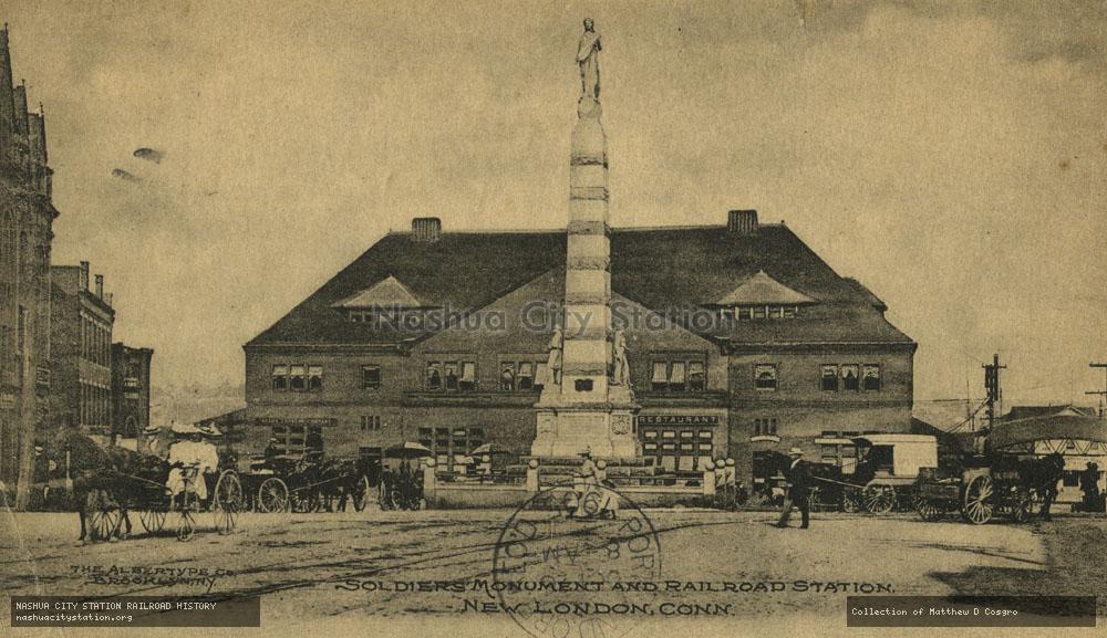 Postcard: Soldiers Monument and Railroad Station, New London, Connecticut